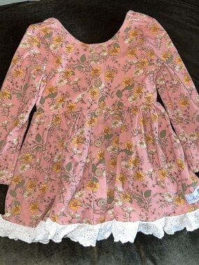 Girls' Pink Floral Button-Front Dress with Eyelet Hem